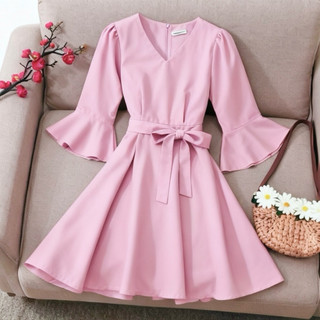 Đầm xoè hồng tay loa thắt nơ, váy dạo phố dịu dàng (kèm hình thật)