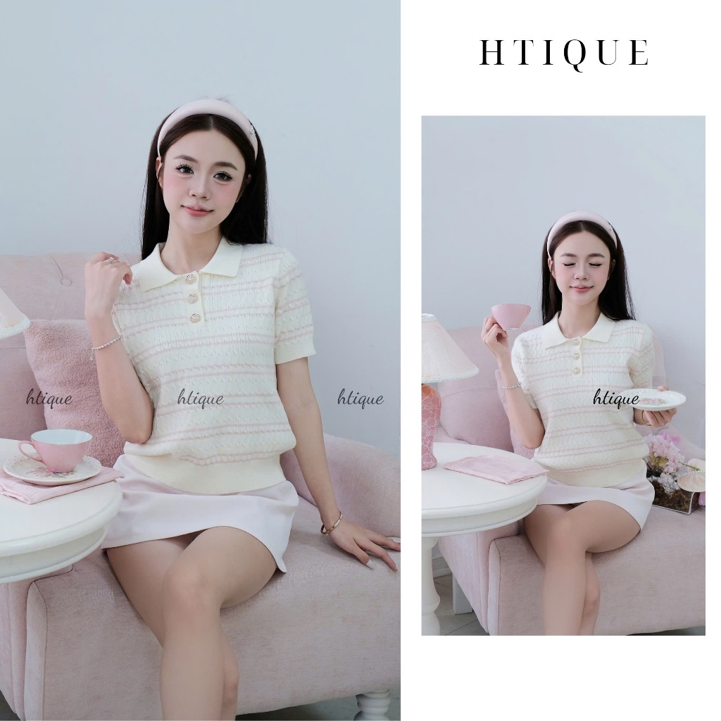 (BTS hè HTIQUE) DEAL mở bán Áo len dệt kim polo kẻ ngang, Áo len dệt kim nhẹ nhàng basic HT29