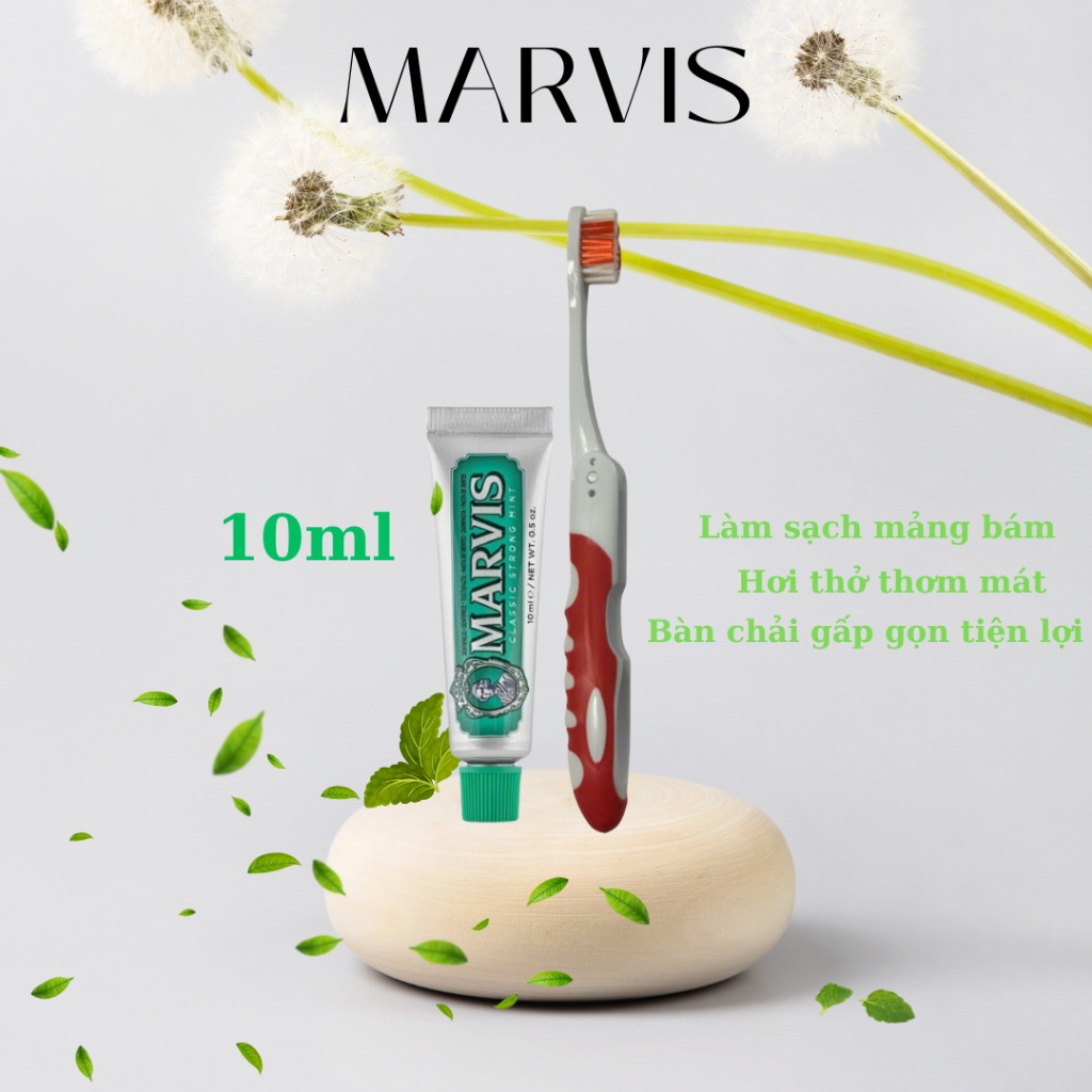Set kem đánh răng Marvis Classic Strong Mint 10ml + 1 Bàn chải gập Marvis - Kem đánh răng bạc hà kèm