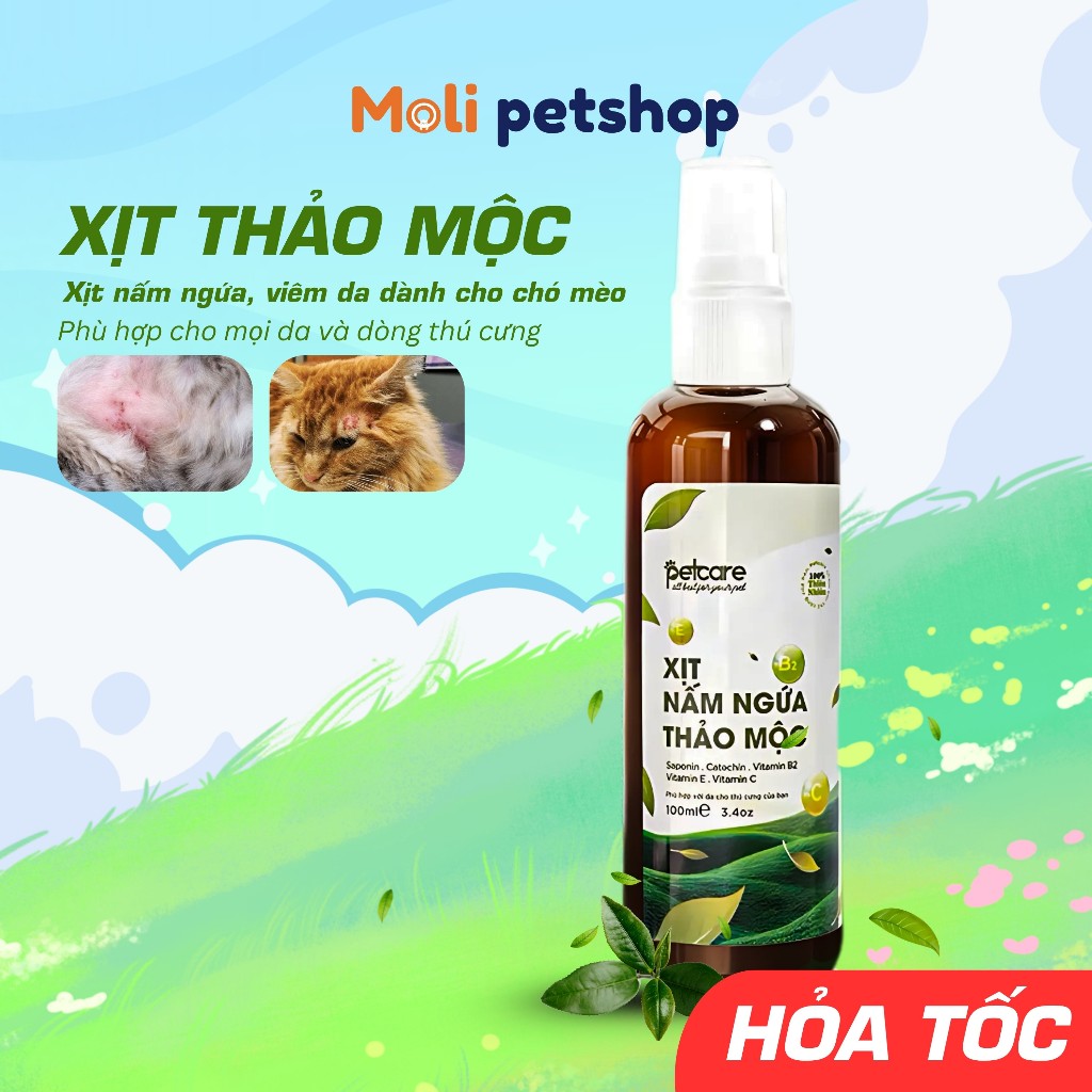 Xịt nấm ngứa thảo mộc PETCARE sử dụng cho nấm, viêm da, ve rận ở chó và mèo