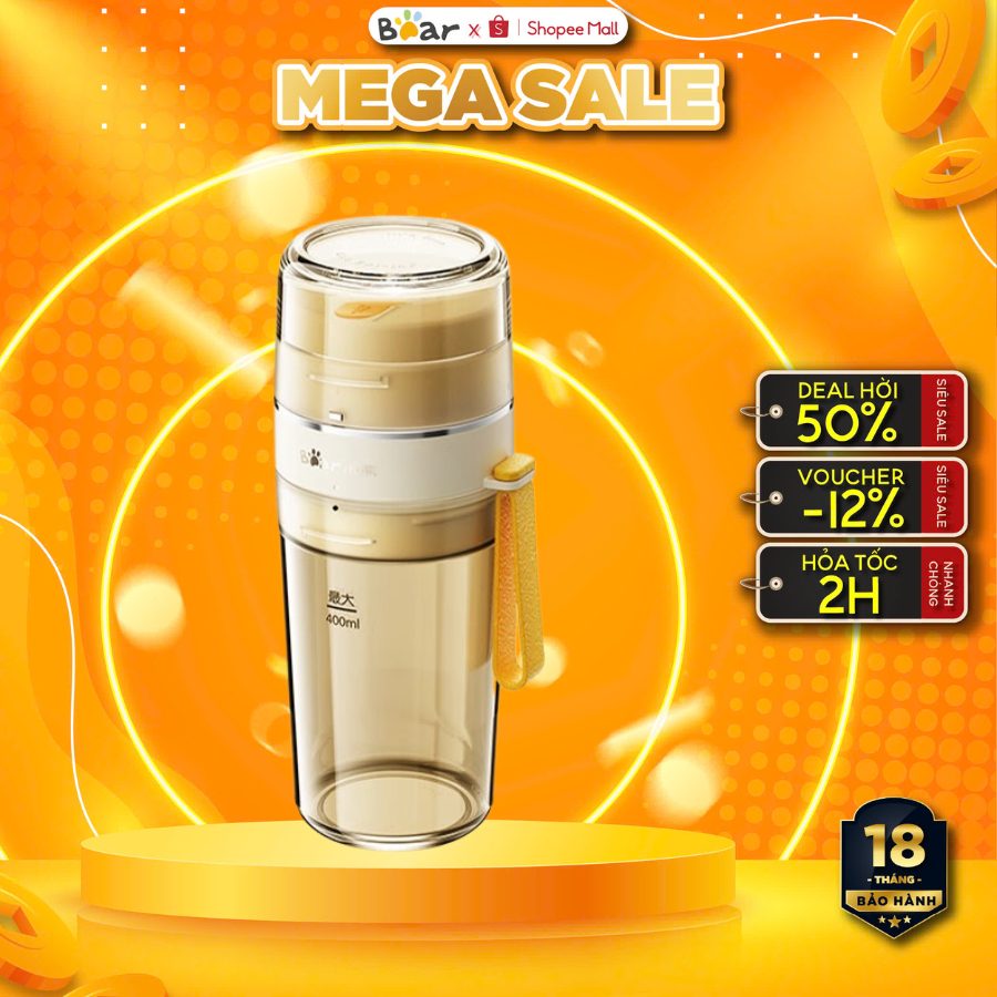 Máy Xay Sinh Tố Cầm Tay BEAR LLJ-K05V8, 0.4L, Lưỡi 12 cánh, Tích Điện, xay đá Bảo Hành 18 tháng