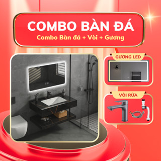  Combo Bàn Đá Lavabo 2 Tầng VT05 Mặt Đá Porcelain Sáng Bóng Chậu Sứ Tràn Viền Men Cao Cấp Chống Ố 