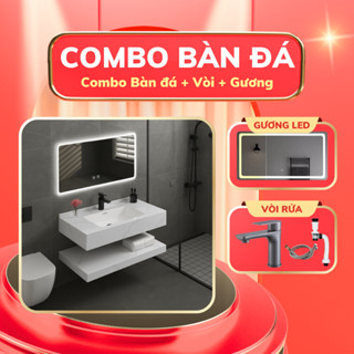  Combo Bàn Đá Lavabo 2 Tầng VT08 Mặt Đá Porcelain Sáng Bóng Chậu Sứ Tràn Viền Men Cao Cấp Chống Ố 