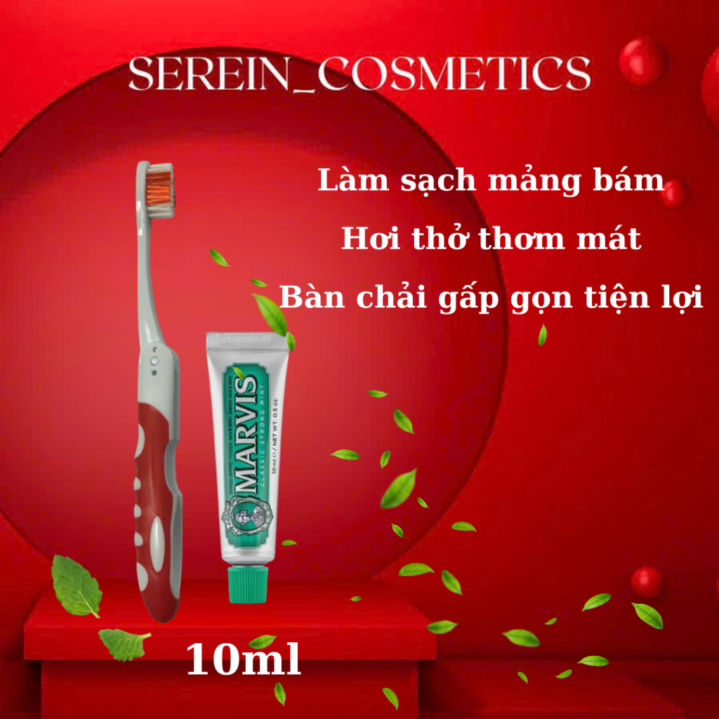 Set kem đánh răng Marvis Classic Strong Mint 10ml + 1 Bàn chải gập Marvis - Kem đánh răng bạc hà kèm