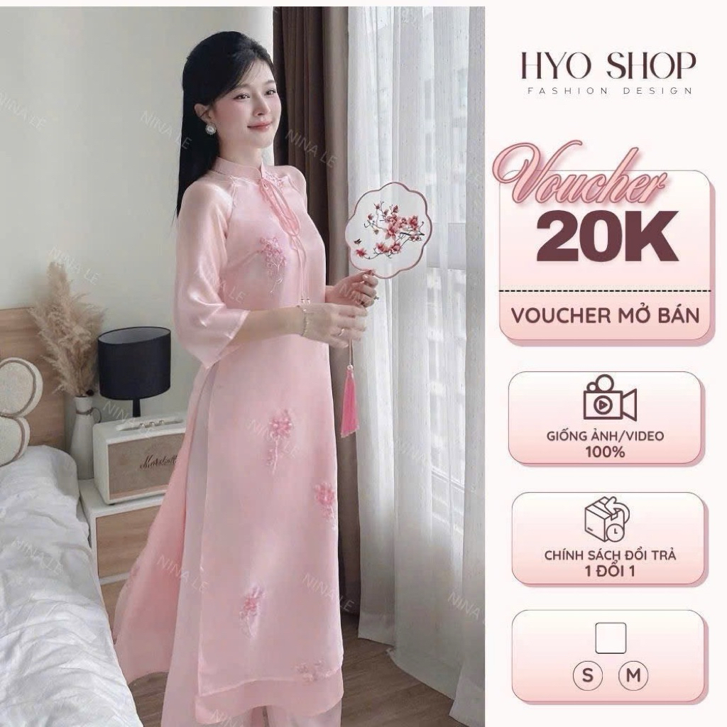 Áo dài tơ thêu hoa cổ đính nơ lót lụa ngọc trai diện Tết siêu xinh HYO SHOP