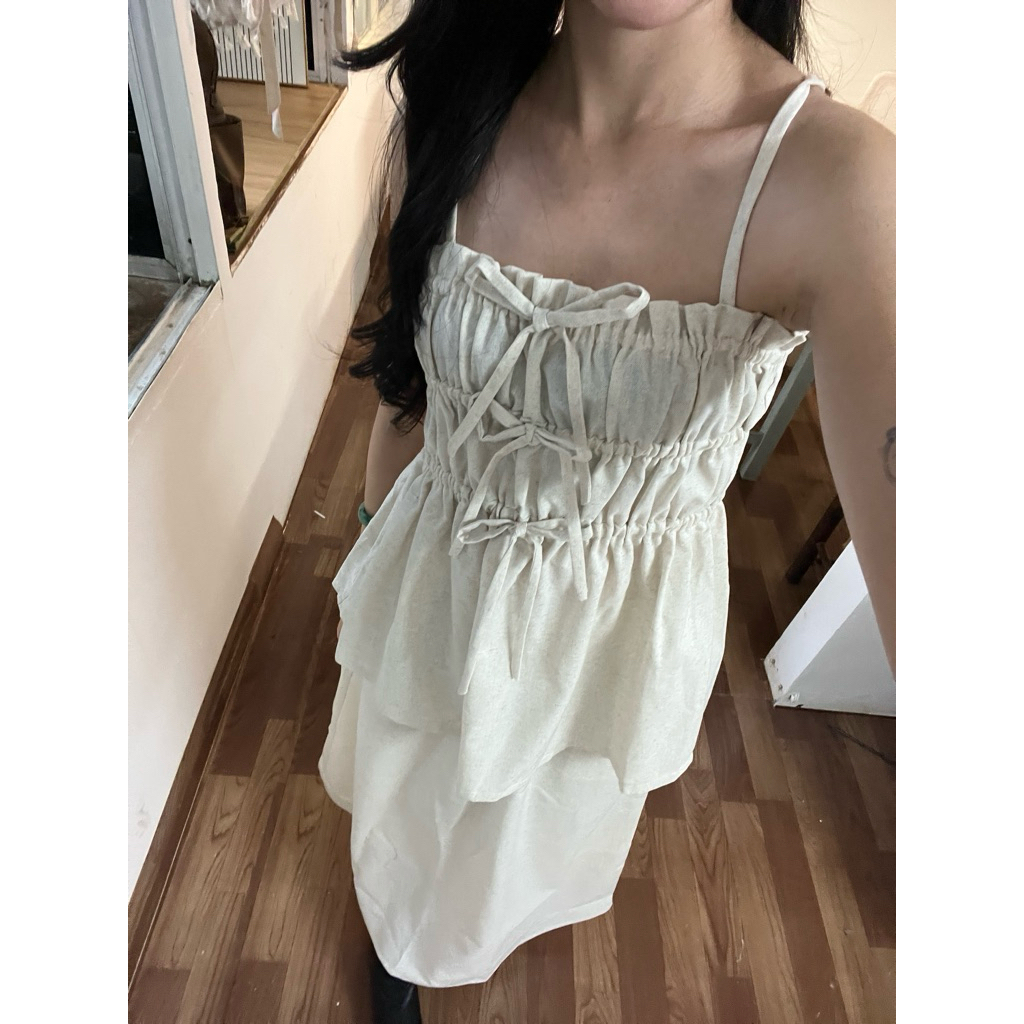 ✿ Bow top✿ Áo hai dây linen chun nhún nơ thanh lịch nữ tính PAAES [ảnh thật]