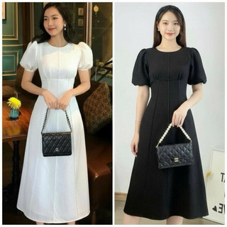 Đầm cổ tròn viền sọc thân 2 màu, váy midi, váy công sở xuongvnxk vnxk
