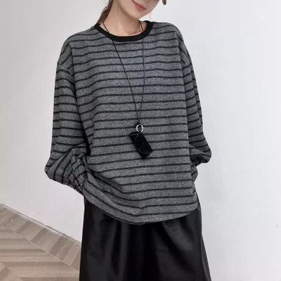 Áo Kẻ Sọc Bigsize Nữ Áo Phông Tay Dài Cổ Tròn Vải Thun Cotton Mềm Mịn Cho Chubby A311