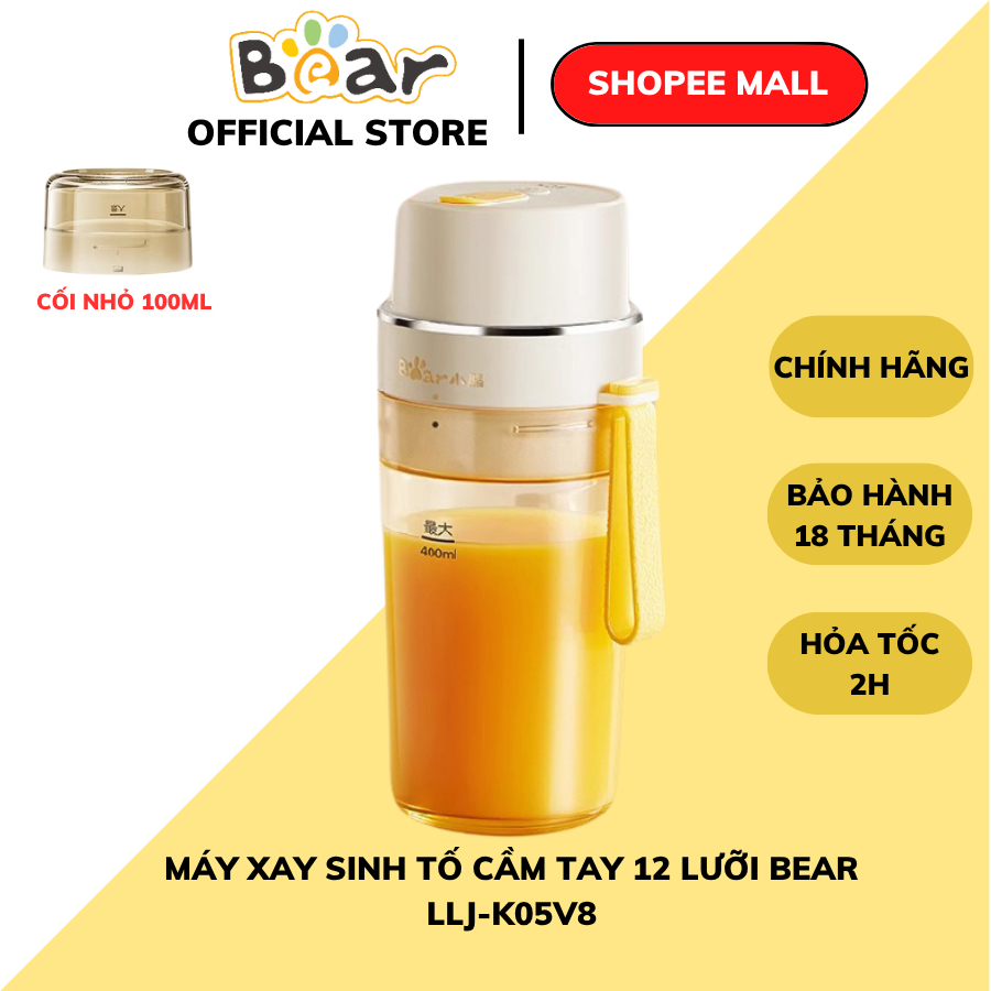 Máy Xay Sinh Tố Cầm Tay 12 Lưỡi Inox BEAR LLJ-K05V8, 0.4L, 2 Cốc, Dung Lượng Pin Lớn, BH 18 tháng
