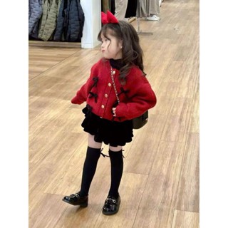  Set váy thu đông cho bé gái sét áo len vặn thừng đính nơ phối chân váy nhung 2 tầng sang chảnh cho bé 12-38kg Juny Kids 