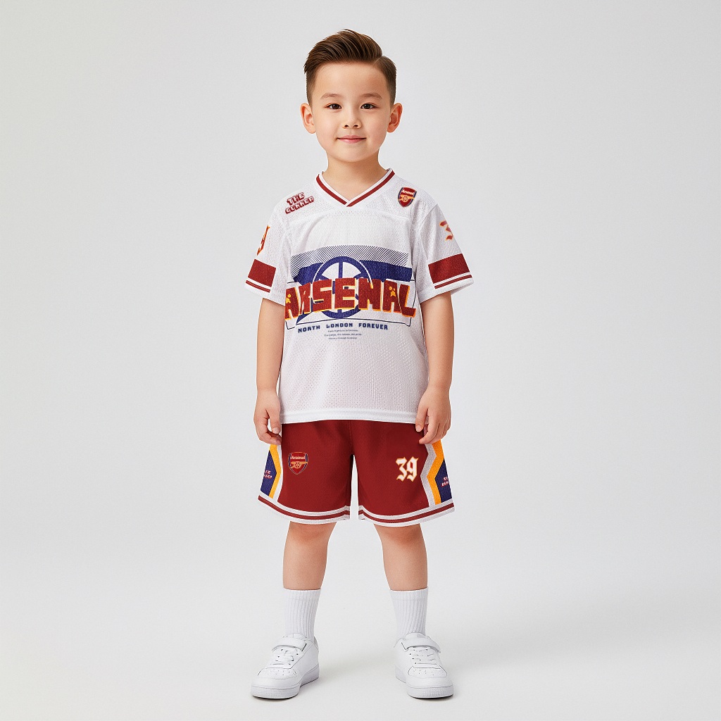 Bộ Quần Áo Trẻ Em Strivend Jersey Kid Arsenal Trắng, Vải Stri-Mesh Co Giãn Cao, Thoáng Mát, Bền Màu