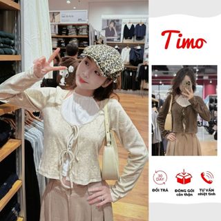  Áo kiểu buộc nơ cổ tròn dáng ngắn tay dài phối áo yếm trắng phong cách Ulzzang AOT082 