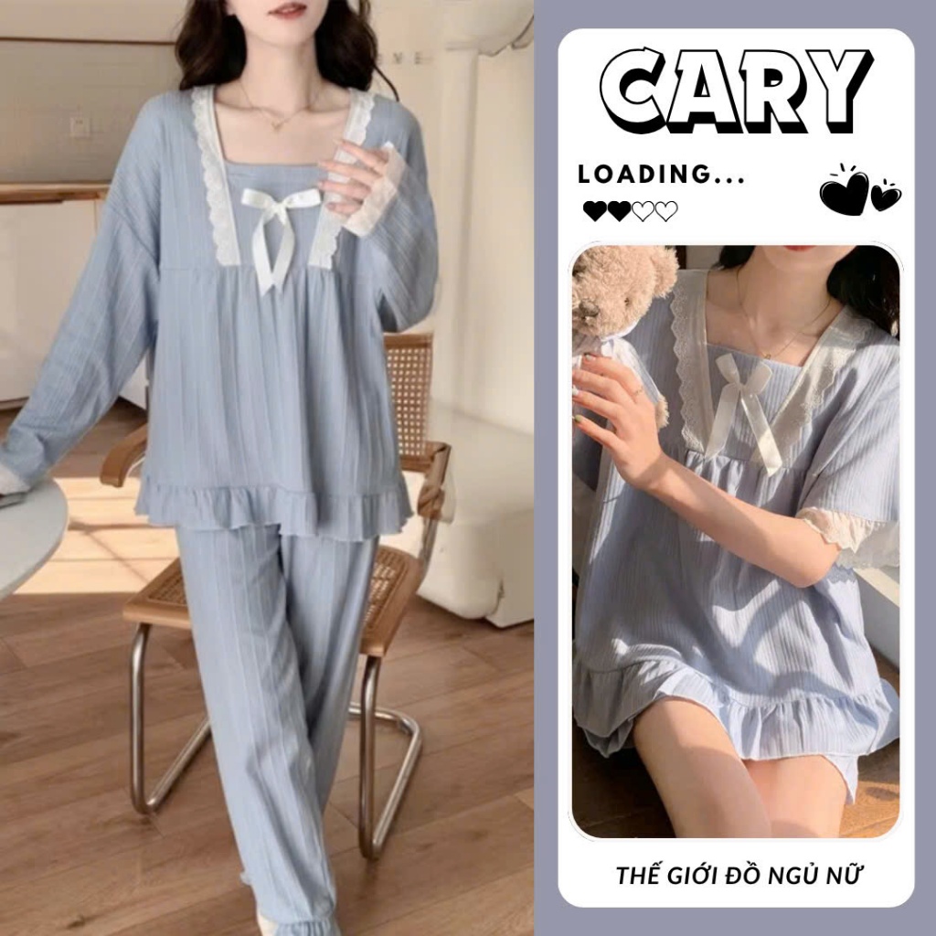 Set đồ bộ tay dài nữ mặc nhà thu đông đồ bộ mặc nhà nữ tay dài quần dài chất đũi gân phối ren mềm má