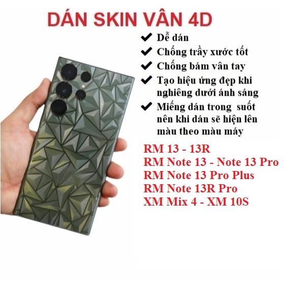 Miếng dán skin vân 4D mặt lưng trong suốt Redmi 13 13R Redmi Note 13 Note 13 Pro Note 13R Pro XM Mix