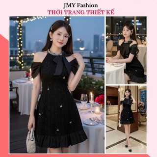  V795 RC867 Váy dạ đen trễ vai dáng A bèo nhún cổ yếm đính đá sang chảnh dự tiệc  TH HA LE  