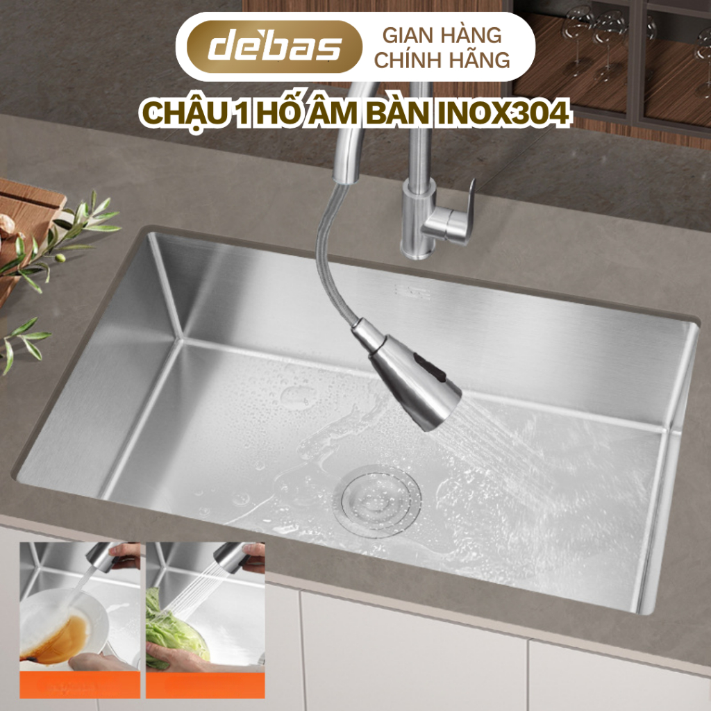 Chậu rửa bát đúc 1 hố to inox sus304 chậu lắp ÂM BÀN bồn rửa chén 1 hộc Debas 6045 6845 8044