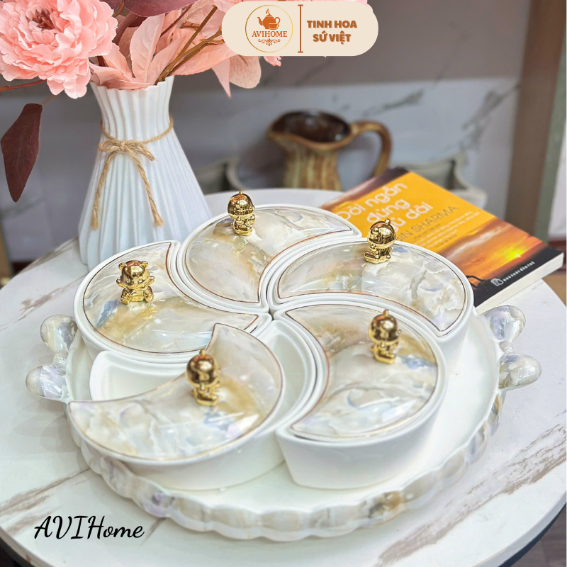 Khay Mứt Sứ Vân Loang Đá 5 Hũ Gấu kèm Khay Sứ Sang Trọng - Decor Tết