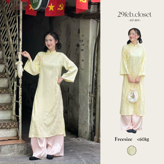  Áo dài lụa gấm Điệp Hoa tay loe phối dây buộc nơ điệu đà kèm quần lụa Satin - 29feb.closet - S282 