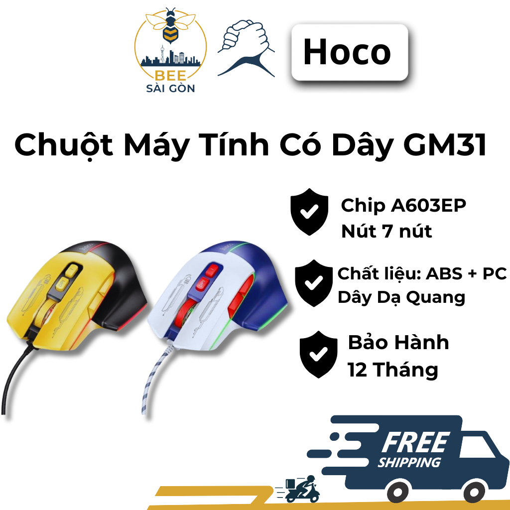 Chuột Chơi Game Có Dây Dạ Quang Hoco GM31, Có Chân Cắm USB,Chạy Mượt.