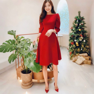 Đầm đỏ tay lỡ cổ thuyền, váy dự tiệc, váy noel, váy tết (kèm hình thật)