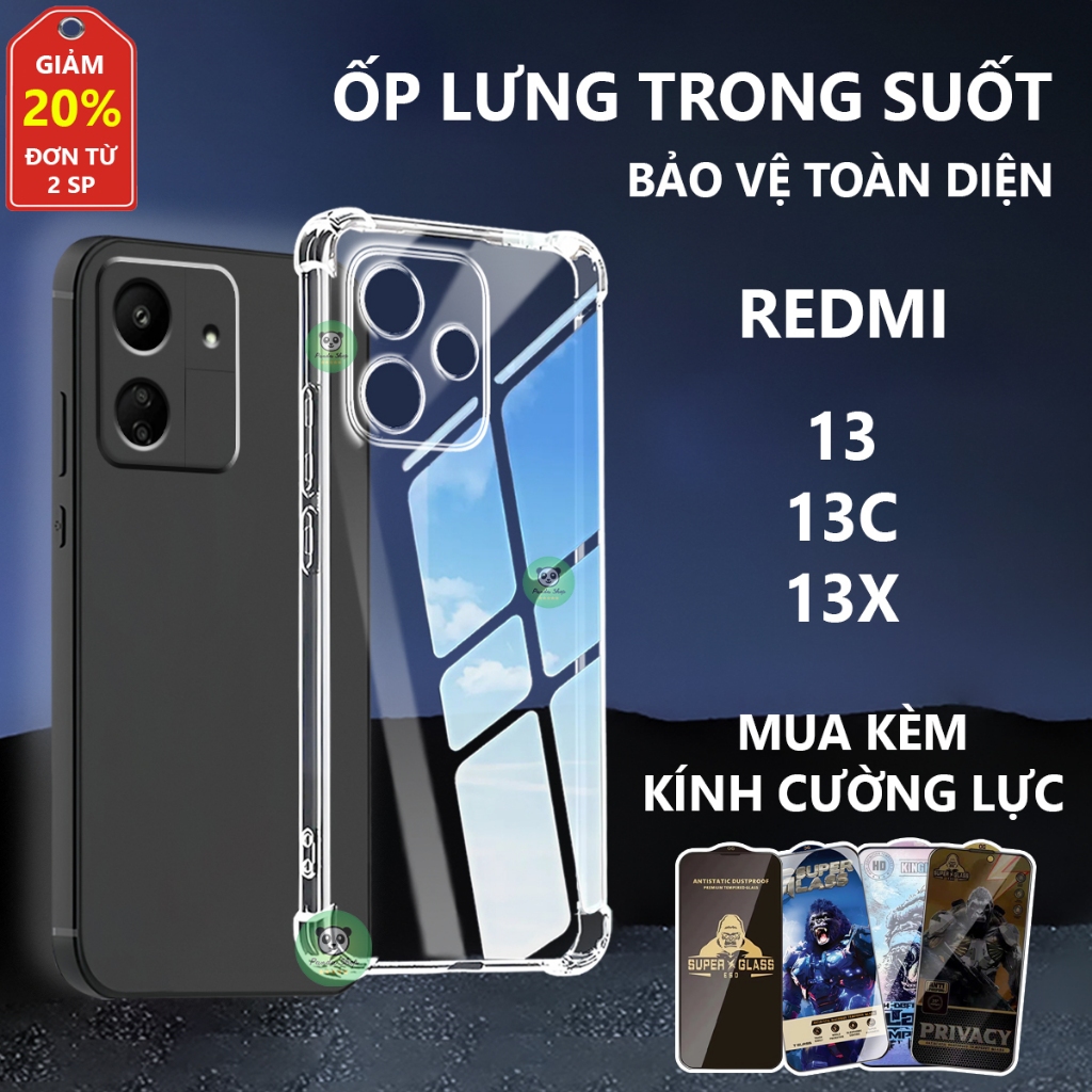 Ốp lưng Redmi 13/ 13C/ 13X chống sốc, trong suốt, silicon, bảo vệ camera-Panda