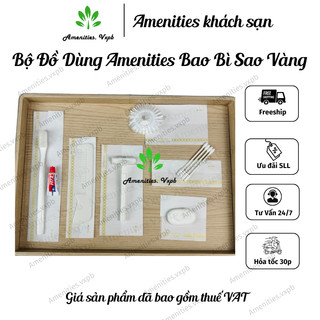 Bàn chải đánh răng, dao cạo râu, tăm bông, chụp tóc bao bì sao vàng cho khách sạn, nhà nghỉ,...