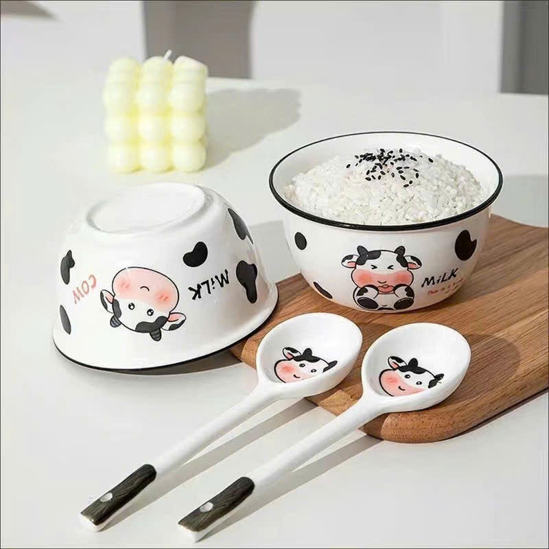 Set 2 Bát 2 Thìa Bằng Sứ Hình Bò Sữa, Set 2 Bát 2 Thìa Ăn Dặm Cho Bé Kem Chén