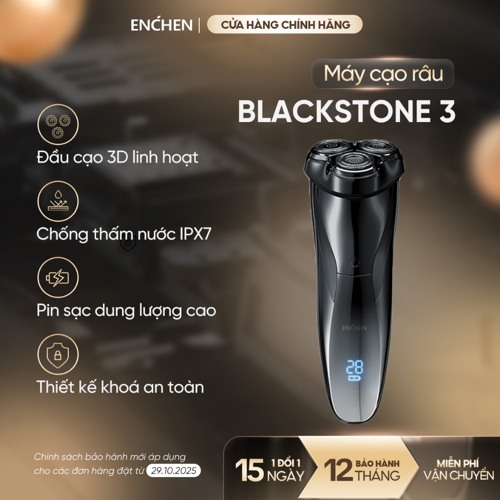 Máy cạo râu Enchen Blackstone 3, máy cạo râu chống nước IPX7, pin sạc, lưỡi dao nổi 3D - BH 12 tháng