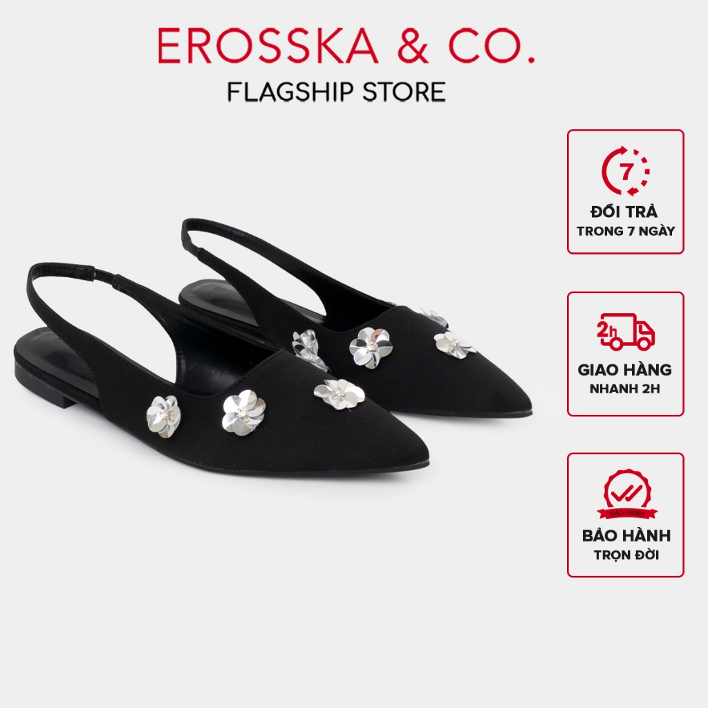 Erosska - Giày mũi nhọn đế bệt đính hoa kiểu dáng đơn giản thanh lịch màu đen cao 2cm - EL089