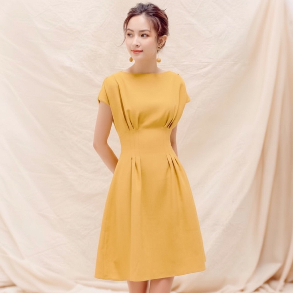 Đầm cổ thuyền xếp li eo 2 màu, váy noel, váy tết (kèm hình thật)