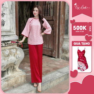  Bộ lam gấm xẻ tà Vy Linh tay lỡ chất liệu gấm phối lụa latin thoáng mát không bai nhão thấm hút mồ hôi tốt s1325 gấm 