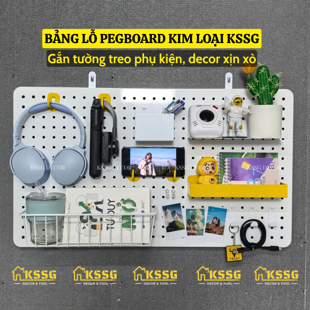 Bảng lỗ Pegboard Kim Loại Gắn Tường Treo Phụ Kiện Decor Góc Học Tập, Bảng Treo Đồ Pegboard Gắn Tường