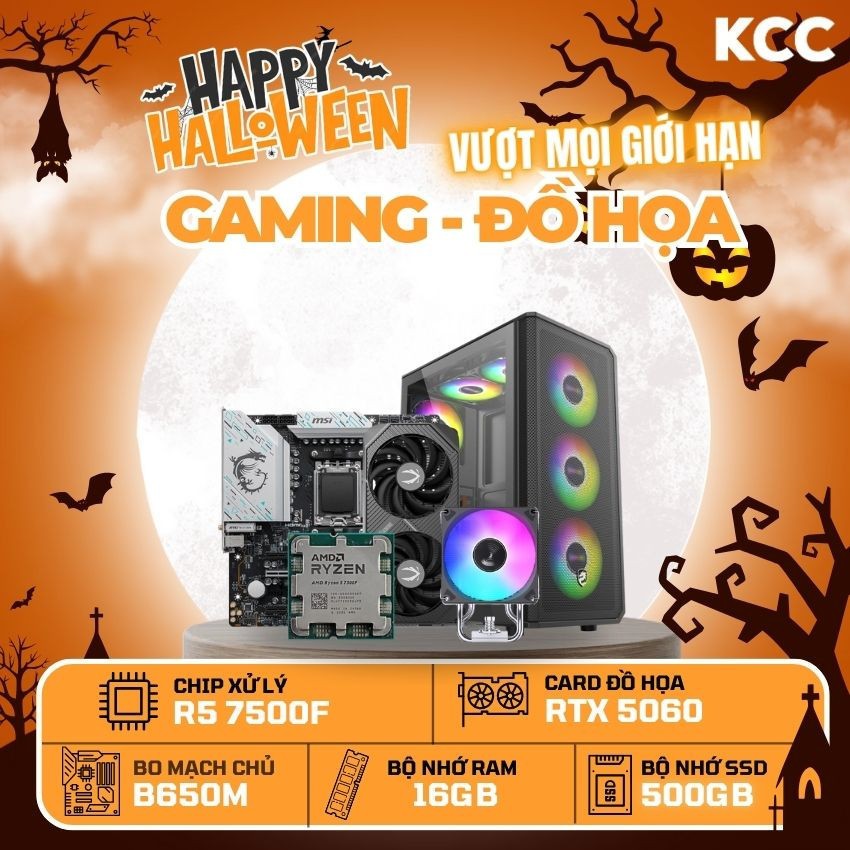 Bộ PC AMD Gaming Đồ Họa KCC 7500F - RTX 3060 5060 9060 XT 16GB - Mới Bảo Hành 3 Năm