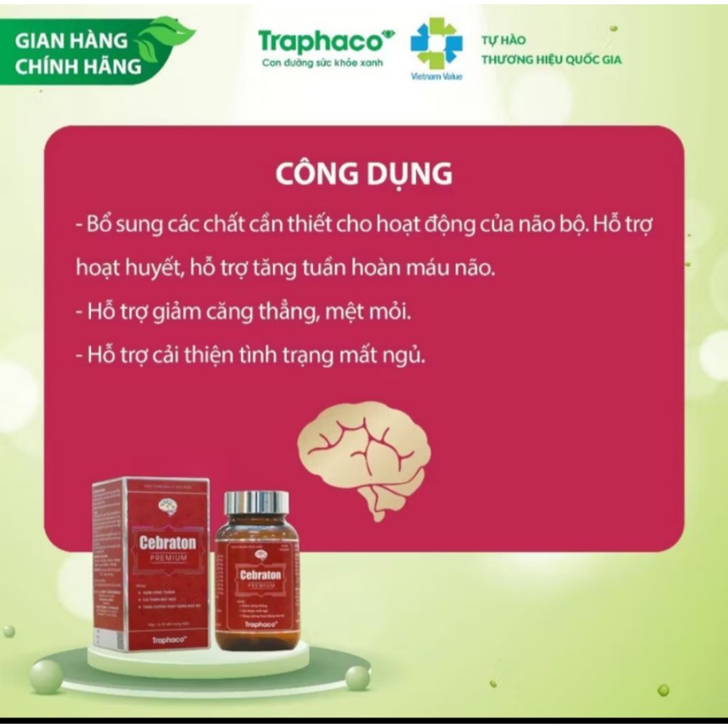 [Chính Hãng] Cebraton Premium Traphaco Bổ Não Giảm Căng Thẳng Đau Đầu Cải Thiện Mất Ngủ Hộp 30 viên