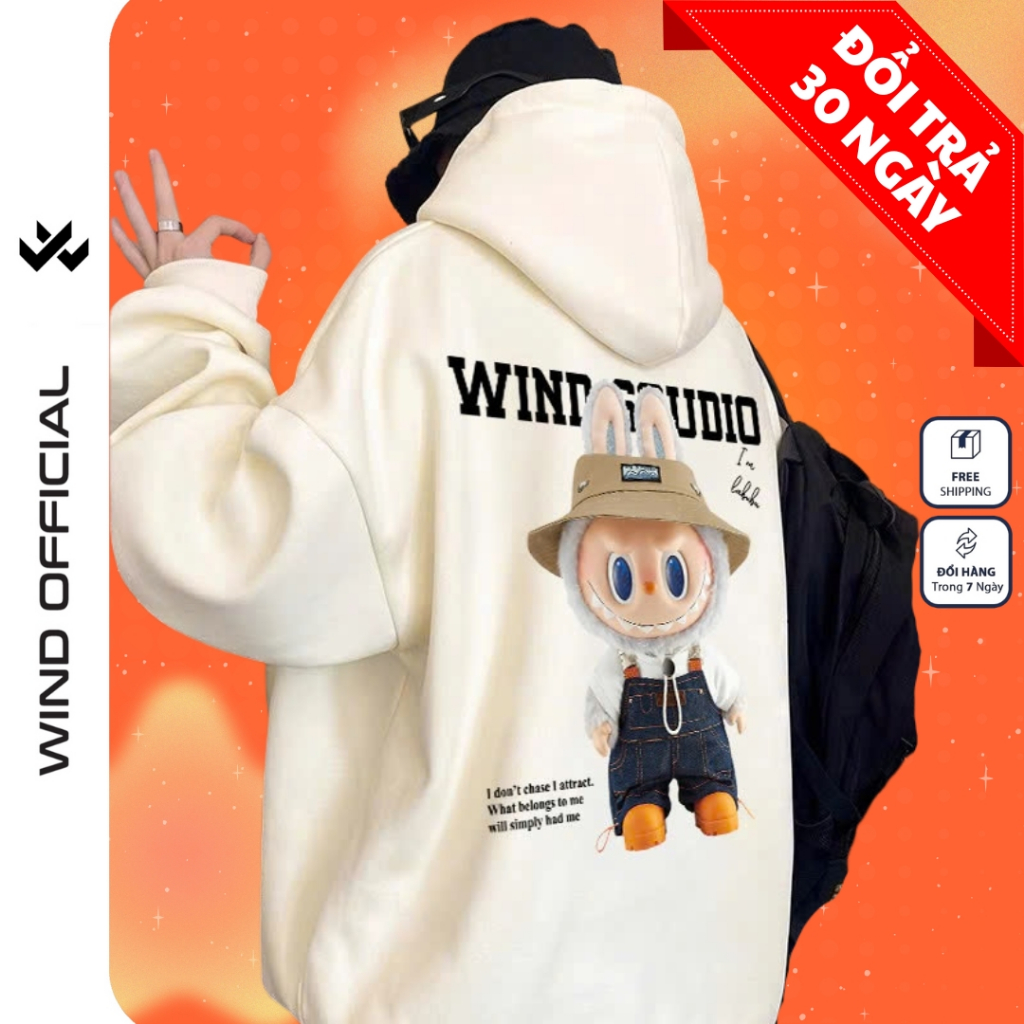 Áo hoodie unisex form rộng WIND LABUBU BOO áo khoác zip dây kéo thời trang nam nữ nỉ bông oversize