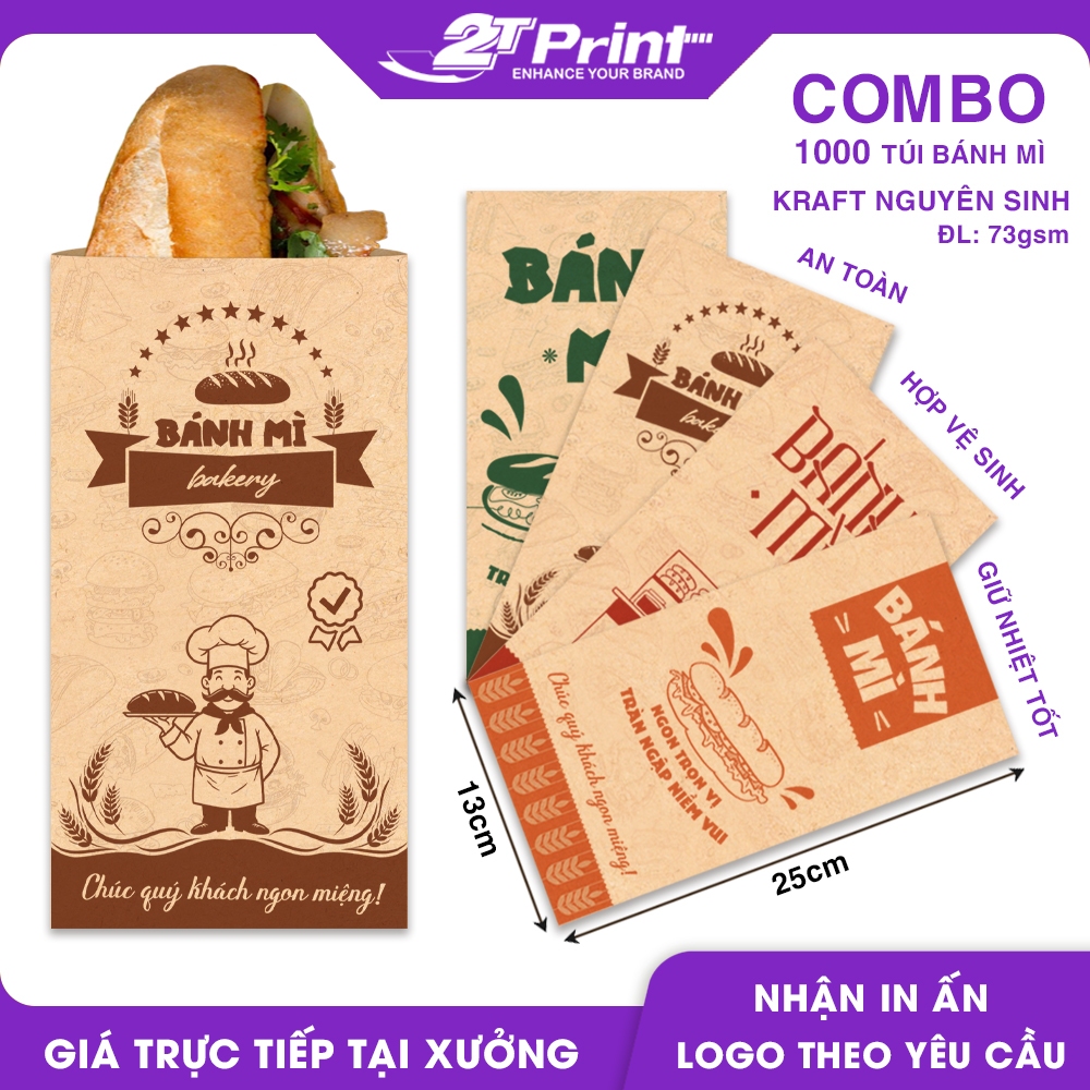 Combo 1000 Túi Giấy Đựng Bánh Mì 13x25cm, Giấy Kraft ĐL 73gsm, Túi Đựng Bánh Mỳ An Toàn Thực Phẩm