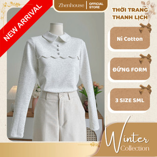  Áo Nỉ Nữ Dài Tay Đứng Dáng Cổ Sen Màu Muối Tiêu Phối Cúc - Thời Trang Polo Công Sở - ZhenHouse AK32 
