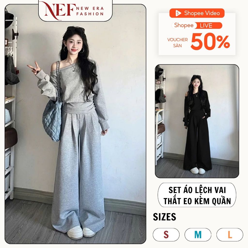Set Quần Áo Chất Mì Nỉ Dài Tay Trễ Vai - Áo trễ Vai Và Quần Ống Rộng New Era Fashion