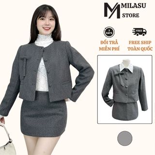  Set Áo Dạ Ép Dáng Croptop Khuy Cúc Bọc Đính Nơ Kèm Chân Váy Chữ A Dáng Ngắn Milasu 496 