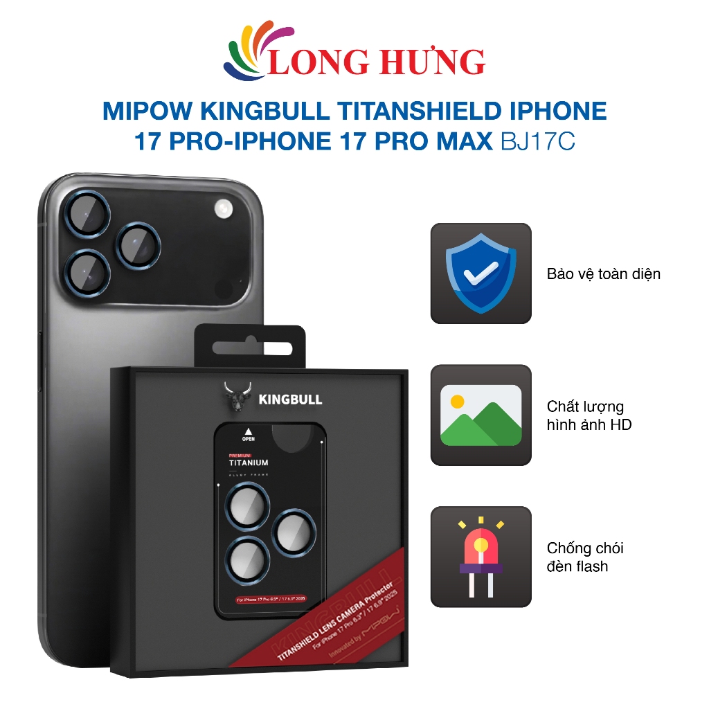 Dán Camera cường lực viền màu chống va đập Mipow Kingbull Titanshield iP 17 Pro/ iP 17 Pro Max BJ17C