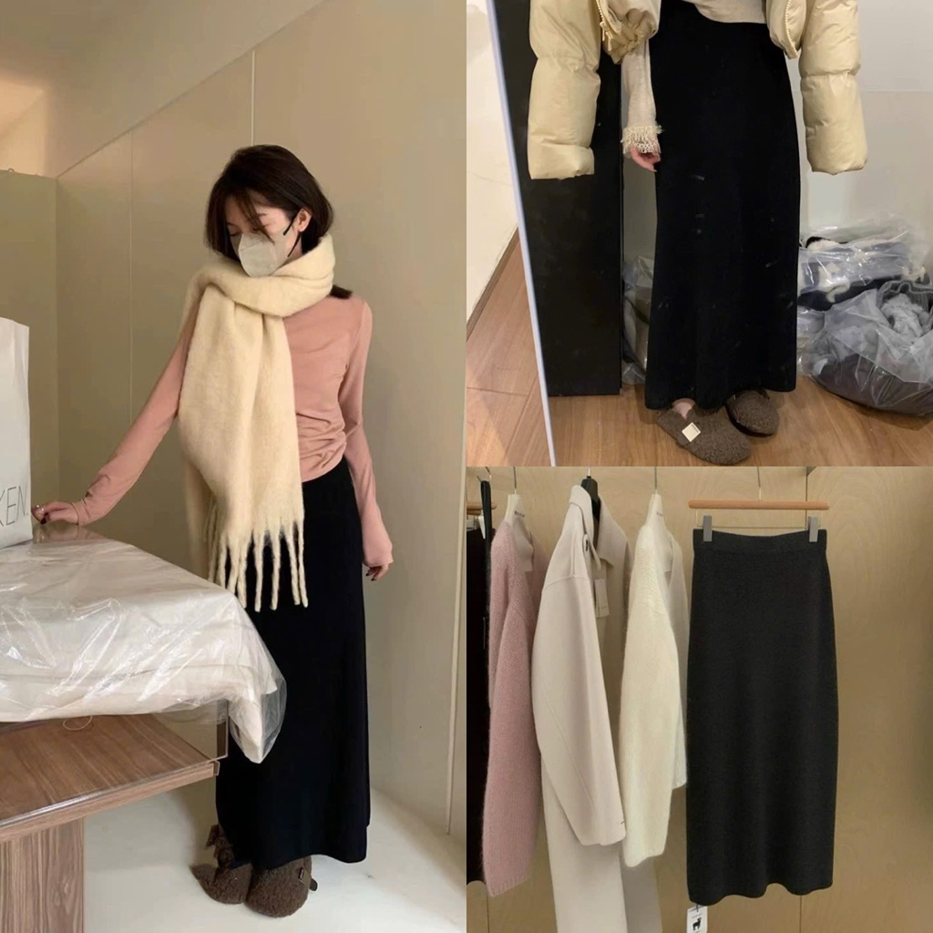 | Hta.boutique | Chân váy len thu đông dài xẻ sau vải len dày dặn dài đến mắt cá chân