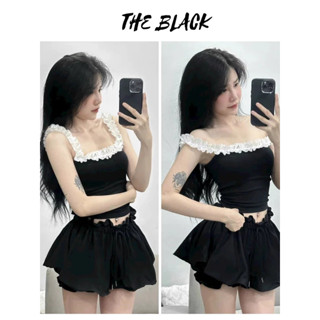  Áo Croptop Trễ Vai Tay Bèo Ôm Body Xinh Xắn The Black Bare Áo Hai Dây Kiểu Bèo Gợi Cảm_A350 