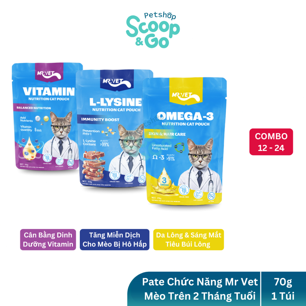 [Combo 12-24] Mr Vet Thức Ăn Ướt Pate Chức Năng Vitamin, Omega3 & Lysine Cho Mèo Trên 2 Tháng Tuổi
