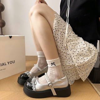  Giày Búp Bê Đế 6-7Cm Lolita Nơ Phối ren Chuỗi Ngọc Quai cài Mũi Phối Đen Đế nhẹ êm hàng cao cấp 
