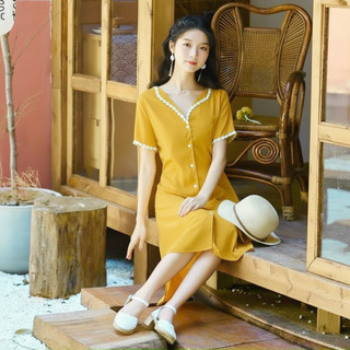 Đầm sơ mi vàng viền ren thắt eo phong cách hàn quốc (kèm hình thật)