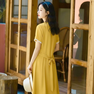 Đầm sơ mi vàng viền ren thắt eo phong cách hàn quốc (kèm hình thật)