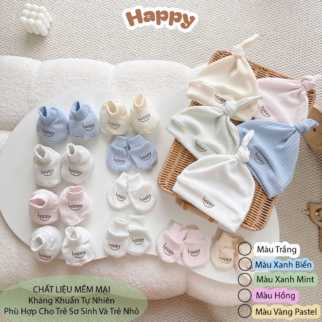 Set Mũ Củ Tỏi Kèm Bao Tay Bao Chân Happy Vải Thun Tăm Mềm Mại Kháng Khuẩn Cho Bé Cho Bé 0-3 Tháng (HAPPY)