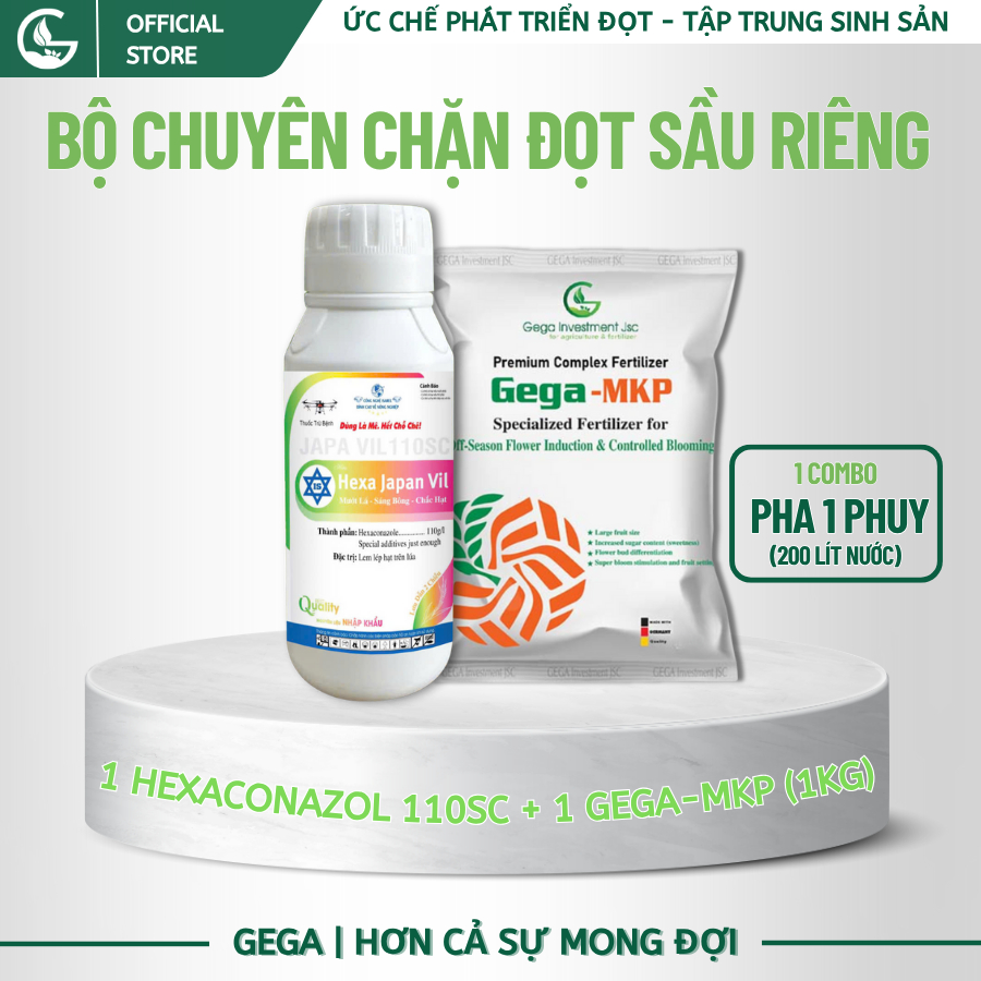 Phân bón chặn đọt sầu riêng HEXACONAZOLE & GEGA MKP - phân bón hãm đọt tốt, bảo vệ cây, pha 1 phuy