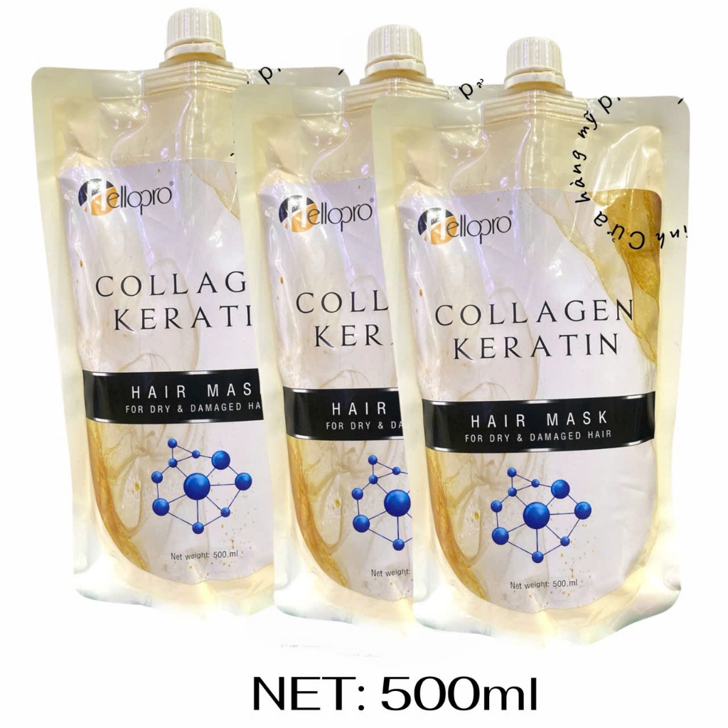 Kem hấp dầu phục hồi tóc Hellopro Collagn Keratin 500ml  dạng túi chuyên dụng cho salon tóc ,
