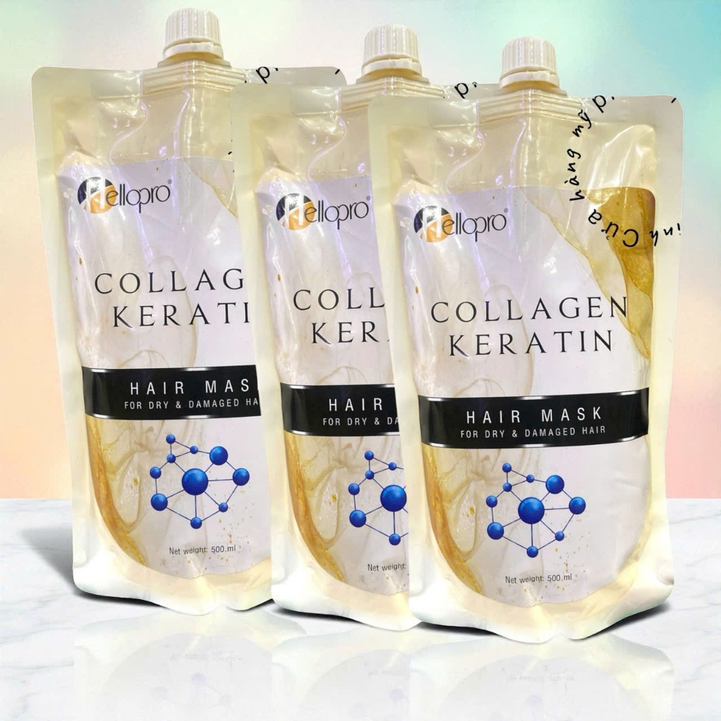 Kem hấp dầu phục hồi tóc Collagen Keratin Hellopro túi 500ml